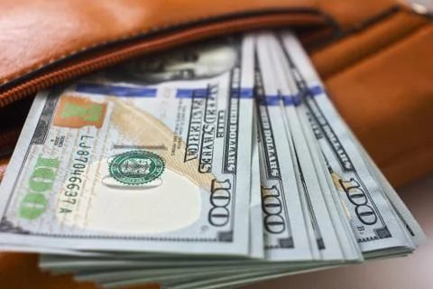 Dollar notes in a wallet, hundred-dollar bills are in a bag, Stock Photos