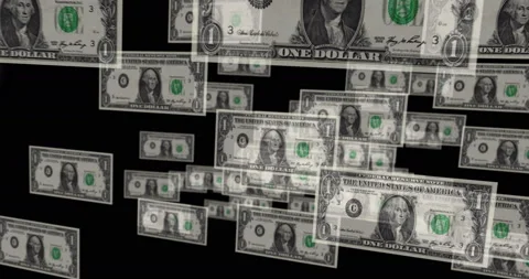 Dollar one banknote – flying between transparent money Stock Footage 202098969