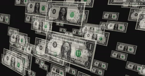 Dollar one banknote – flying between transparent money Stock Footage 202099773