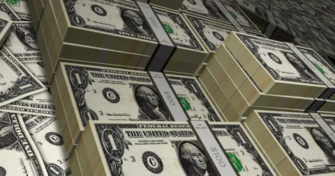Dollar one banknote packs - flying over USD money stack Stock Footage 203708965