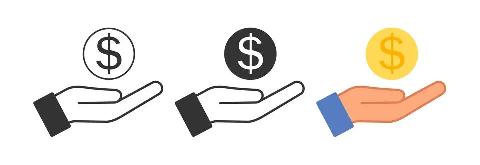 Dollar in an open hand icon. Get money symbol. Sign give penny vector. Stock Illustration