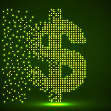 Dollar of pixels with an explosion, halftone style. Vector illustration Illustrazione stock