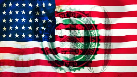 Dollar power concept, US flag with background of banknote parts Stock Footage 214878896