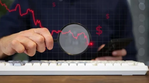 Dollar price declining, man with a magnifying glass, recession inflation concept Stock Footage 330952508