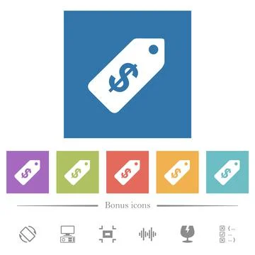Dollar price label flat white icons in square backgrounds Stock Illustration