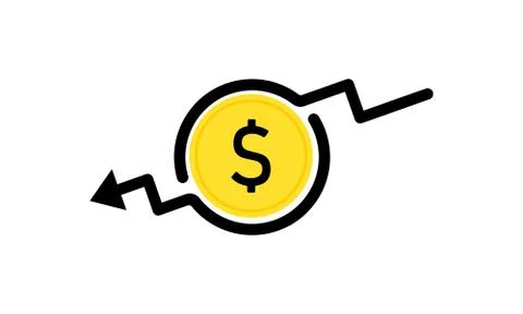 Dollar rate decrease. Coin icon. Cost reduction. Concept of financial crisis, Stock Illustration