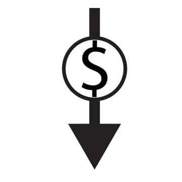 Dollar rate decrease icon on white background. flat style. lower cost icon Stock Illustration