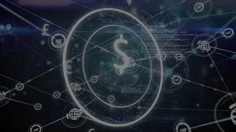 Dollar rings glowing pulse starting nodes appearing lines spreading showing Stock Footage 334418818