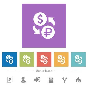 Dollar Ruble money exchange flat white icons in square backgrounds Stock Illustration