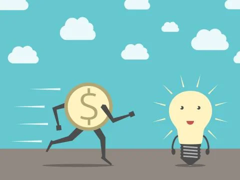 Dollar running to lightbulb Stock Illustration