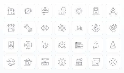 Dollar Scalable Vector Set featuring 28 Grid Fitted Thin Line 128x128 Icons Stock Illustration