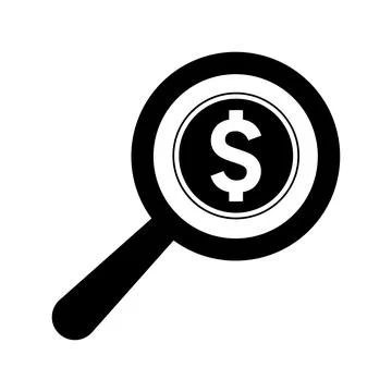 Dollar, search icon. Black vector graphics. Stock Illustration