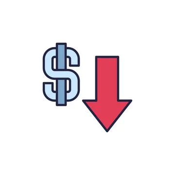 Dollar Sign and Devaluation Arrow vector Currency Value Lowering colored icon Stock Illustration