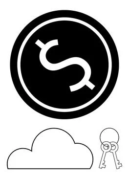 Dollar sign in a circle, cloud shape, and two vintage keys. Ideal for financi Stock Illustration