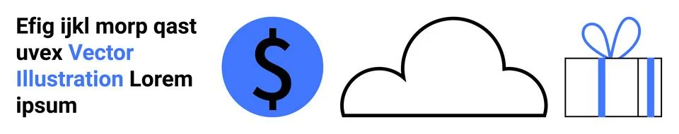 Dollar sign, cloud, and gift box icons with placeholder text displaying a d.. Stock Illustration