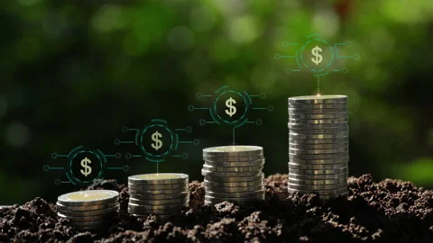 Dollar sign on coins stack business growth concept. dollar sign hologram backgro Stock Footage 170688436