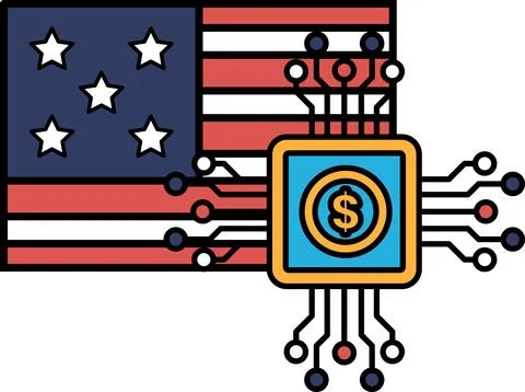 A dollar sign is on a computer chip that is on a red, white Stock Illustration