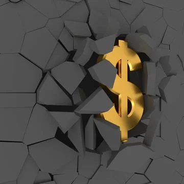 Dollar sign crashed the wall. 3D rendering. Stock Illustration