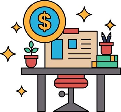 A dollar sign is drawn on a table with a chair and a potted plant Stock Illustration