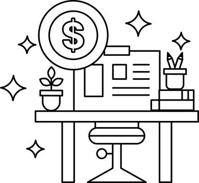 A dollar sign is drawn on a table with a chair and a potted plant Stock Illustration