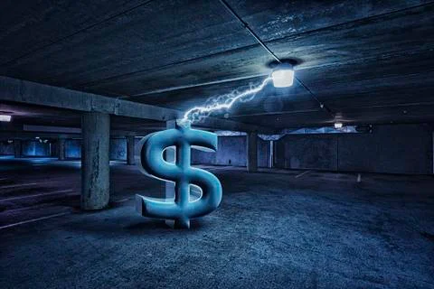 Dollar sign electrifying light in parking lot Stock Illustration