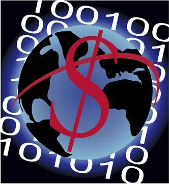 Dollar sign on a globe with the binary code in the background Stock Illustration