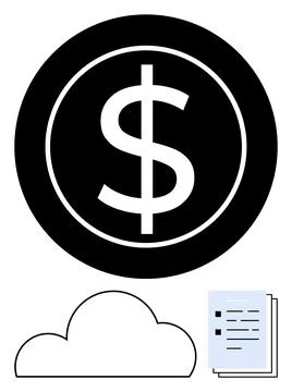 Dollar sign inside a black circle, cloud outline below, and stack of document Stock Illustration
