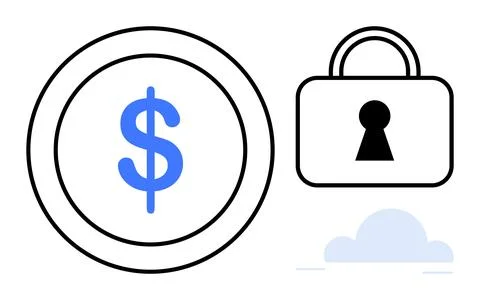 Dollar sign inside circle, padlock with keyhole, and cloud icon. Ideal for fi Stock Illustration