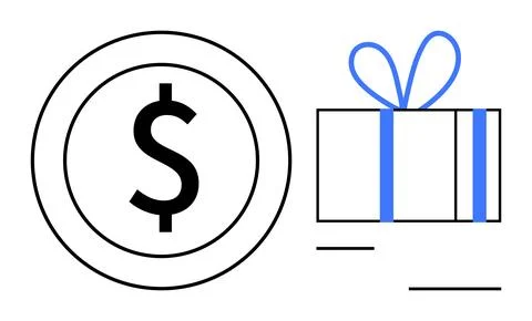 Dollar sign inside circular coin next to a blue-ribboned gift box. Ideal for  Illustrazione stock