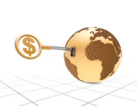 Dollar sign key opens the earth, global economic development Illustrazione stock