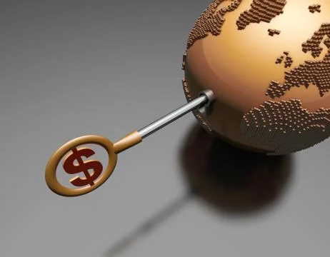 Dollar sign key opens the earth, global economic development Illustrazione stock