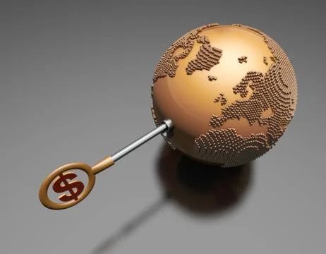 Dollar sign key opens the earth, global economic development Illustrazione stock