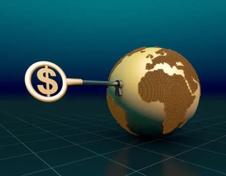 Dollar sign key opens the earth, global economic development Illustrazione stock