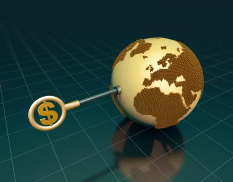 Dollar sign key opens the earth, global economic development Illustrazione stock