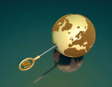Dollar sign key opens the earth, global economic development Illustrazione stock