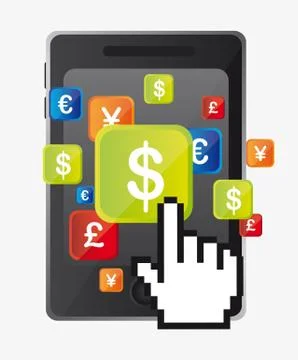 Dollar sign over cellphone with cursor hand. vector illustration Illustrazione stock