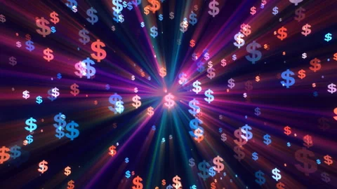 Dollar sign particles in rays of colorful lights. A lot of abstract USA money Stock Footage 285976538