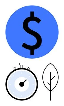 Dollar Sign, Stopwatch, and Leaf Signifying Time, Money, and Sustainability Stock Illustration