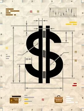 Dollar sign as technical blueprint drawing Illustrazione stock