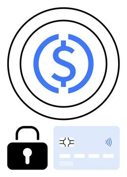 Dollar sign within concentric circles above a lock and contactless credit car Stock Illustration
