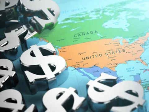 Dollar sign on the world map background with DOF effect. Stockillustratie