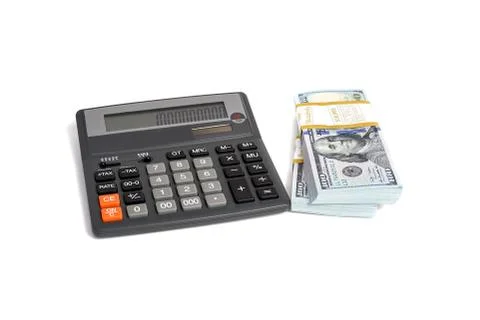 Dollar stack and calculator isolated Stock Photos