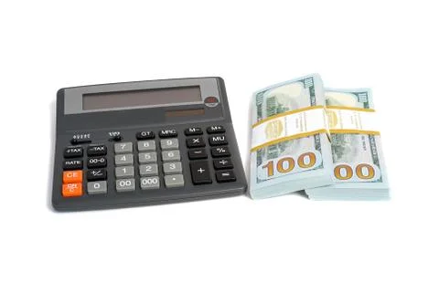 Dollar stack and calculator isolated 스톡 사진
