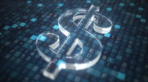 Dollar symbol on a blue computer screen background. Fintech or modern digital Stock Illustration