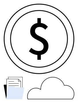 Dollar symbol in circle above documents and cloud icon conveying fintech, onl Stock Illustration