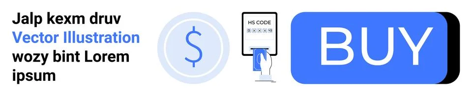 Dollar symbol in a circle, QR code on a smartphone, and a blue BUY button. Id Illustrazione stock