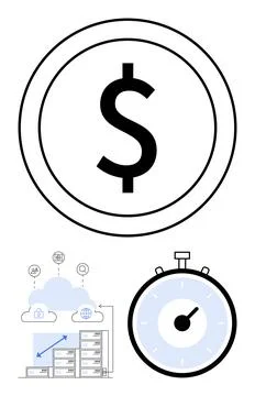 Dollar Symbol, Cloud Storage, Stopwatch - Synchonization of Wealth, Data, a.. Stockillustratie