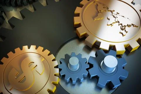 Dollar symbol gear with world map, capital investment and global economy Stock Illustration