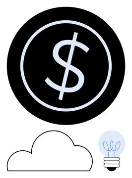 Dollar symbol inside a black circle, with a cloud outline and lightbulb below Stockillustratie