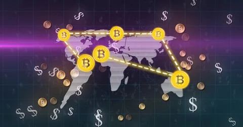 Dollar symbol over world map with connected bitcoin symbol against blue Stock Illustration